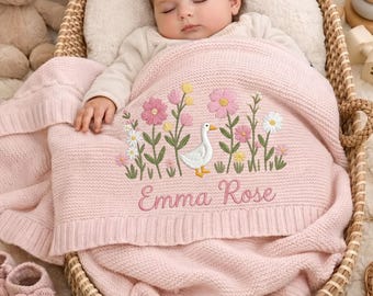 Personalized Embroidered Goose Floral Baby Blanket - Duck Wildflower Knit Throw, Newborn Blanket, Nursery Keepsake, Newborn Gift For Baby