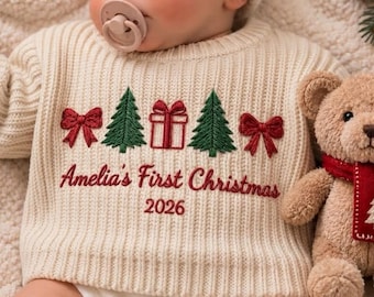 Custom Embroidered Christmas Gift Baby Sweater, Personalized First Christmas Baby Sweater, Knit Baby Jumper, Baby Sweater, Newborn Sweater
