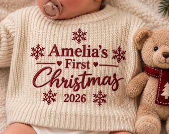 Custom Embroidered Snowflake Baby Sweater, Personalized First Christmas Baby Sweater, Knit Baby Jumper, Baby Sweater, Newborn Sweater
