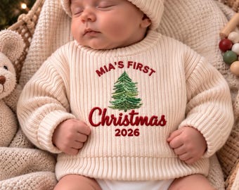 Custom Embroidered Christmas Tree Baby Sweater, Personalized First Christmas Baby Sweater, Knitted Baby Jumper,Baby Sweater, Newborn Sweater