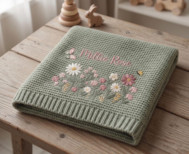 May include: A sage green knitted blanket featuring a waffle texture and a ribbed border. The center is embroidered with the name Millie Rose in pink script, surrounded by a colorful floral arrangement of daisies and wildflowers with a small butterfly.