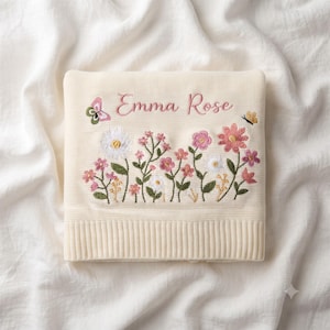 Personalized Floral Embroidered Baby Blanket - Custom Name Knitted Throw, Welcome Baby Blanket, Nursery Keepsake, Keepsake Newborn image 5