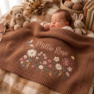 Personalized Floral Embroidered Baby Blanket - Custom Name Knitted Throw, Welcome Baby Blanket, Nursery Keepsake, Keepsake Newborn image 7
