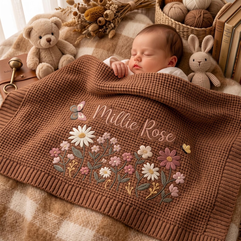 Personalized Floral Embroidered Baby Blanket - Custom Name Knitted Throw, Welcome Baby Blanket, Nursery Keepsake, Keepsake Newborn image 7