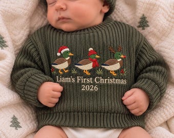 Custom Embroidered Christmas Duck Baby Sweater, Personalized First Christmas Baby Sweater, Knit Baby Jumper, Baby Sweater, Newborn Sweater