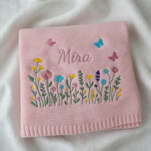 Custom Embroidered Name Blanket with Butterflies and Wildflowers for Newborn, Welcome Baby Blanket, Nursery Keepsake, Newborn Gift For Baby image 8