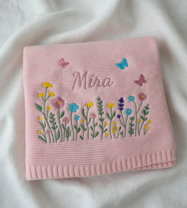 Custom Embroidered Name Blanket with Butterflies and Wildflowers for Newborn, Welcome Baby Blanket, Nursery Keepsake, Newborn Gift For Baby image 8