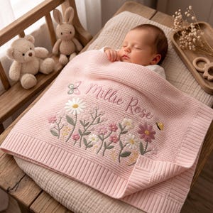 Personalized Floral Embroidered Baby Blanket - Custom Name Knitted Throw, Welcome Baby Blanket, Nursery Keepsake, Keepsake Newborn image 6