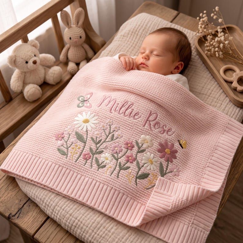 Personalized Floral Embroidered Baby Blanket - Custom Name Knitted Throw, Welcome Baby Blanket, Nursery Keepsake, Keepsake Newborn image 6