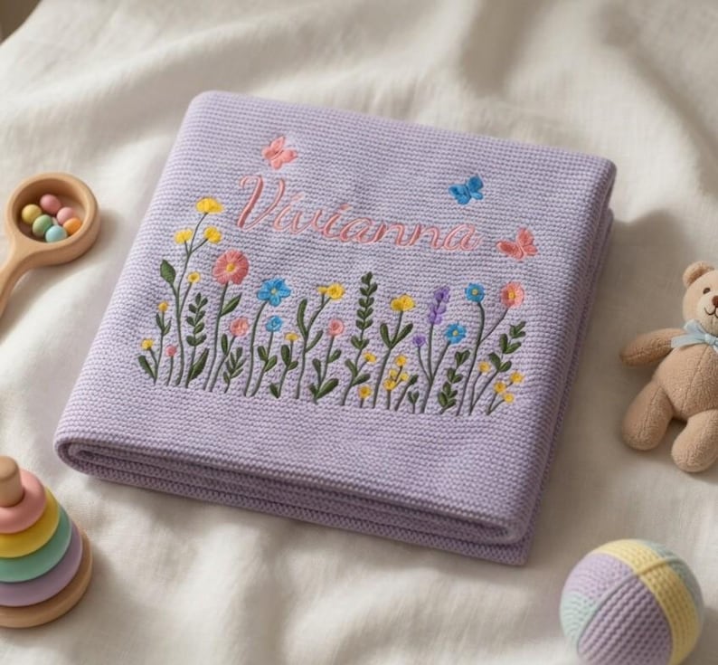 Custom Embroidered Name Blanket with Butterflies and Wildflowers for Newborn, Welcome Baby Blanket, Nursery Keepsake, Newborn Gift For Baby image 9