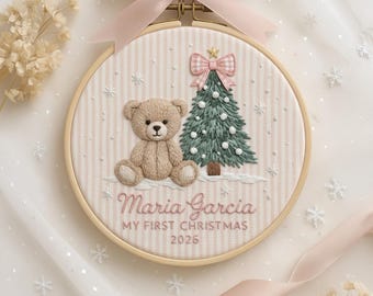 Personalized Bear Baby First Christmas Embroidered Ornament, New Baby Christmas Tree Ornament, New Parent Gift, Baby Girl Gift, EOL148.C