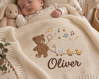 Personalized Teddy Bear Baby Blanket, Embroidered Name Blanket, Duck Baby Gift, Custom Newborn Gift, Baby Shower Gift