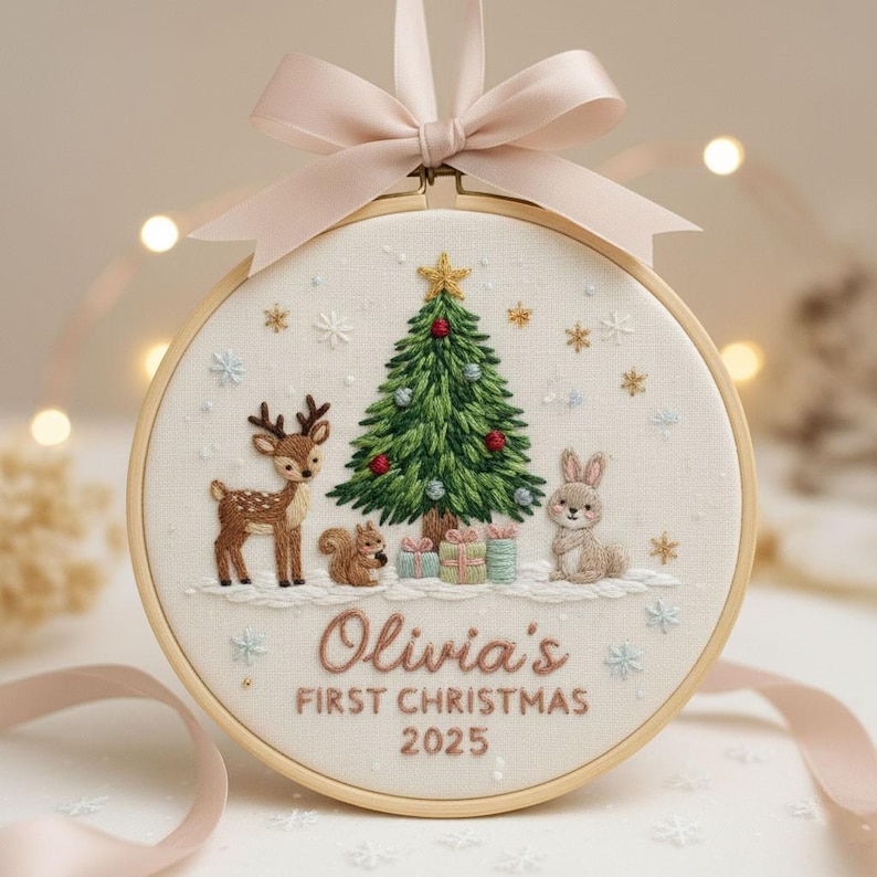 Personalized embroidered woodland animal baby’s first Christmas ornament with custom name and year, perfect keepsake gift for newborn baby boy or girl.