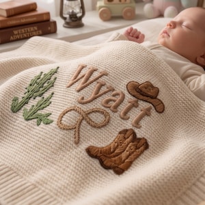 Personalized Cowboy Embroidered Baby Blanket with Name - Custom Western Cactus Boots Hat Knit Newborn Gift, Baby Gift, Baby Keepsake Gift