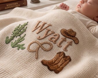 Personalized Cowboy Embroidered Baby Blanket with Name - Custom Western Cactus Boots Hat Knit Newborn Gift, Baby Gift, Baby Keepsake Gift