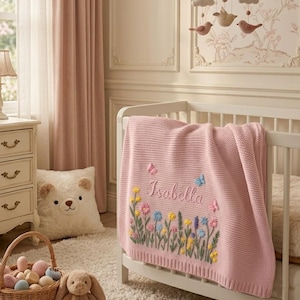 Custom Embroidered Name Blanket with Butterflies and Wildflowers for Newborn, Welcome Baby Blanket, Nursery Keepsake, Newborn Gift For Baby image 4