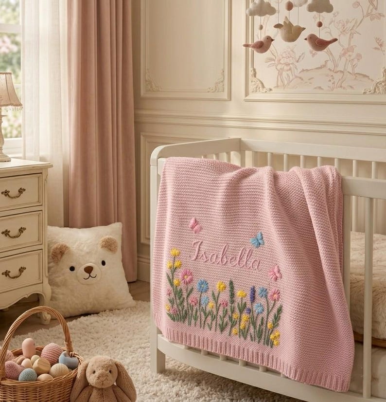 Custom Embroidered Name Blanket with Butterflies and Wildflowers for Newborn, Welcome Baby Blanket, Nursery Keepsake, Newborn Gift For Baby image 4