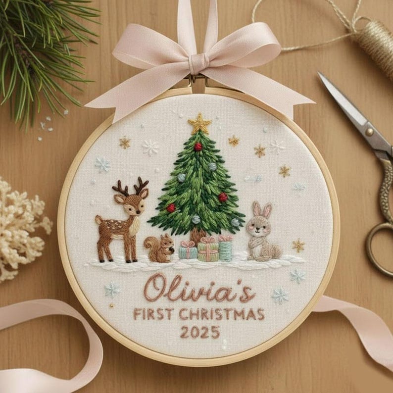Custom Woodland Animal Baby's 1st Christmas Embroidered Ornament, Baby's First Christmas Gift, New Baby Gift, Newborn Keepsake, EOL041.C imagen 2