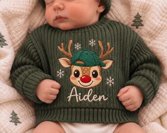 Custom Embroidered Christmas Reindeer Baby Sweater, Personalized Green Reindeer Baby Boy Jumper, Newborn Sweater, Baby Shower Gift