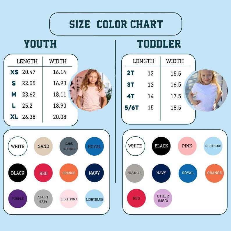 Puede incluir: Una tabla de tallas y colores para ropa juvenil e infantil. La tabla incluye medidas en cm para tallas juveniles XS a XL y tallas infantiles 2T a 5/6T. Las opciones de color incluyen blanco, negro, rosa y m&aacute;s.
