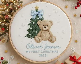 Personalized Bear Baby First Christmas Embroidered Ornament, New Baby Christmas Tree Ornament, New Parent Gift, Baby Boy Gift, EOL109.C
