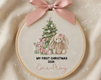 Custom Bunny Baby's First Christmas Embroidered Ornament, First Christmas Baby Girl Ornament, New Baby Gift, EOL048.C