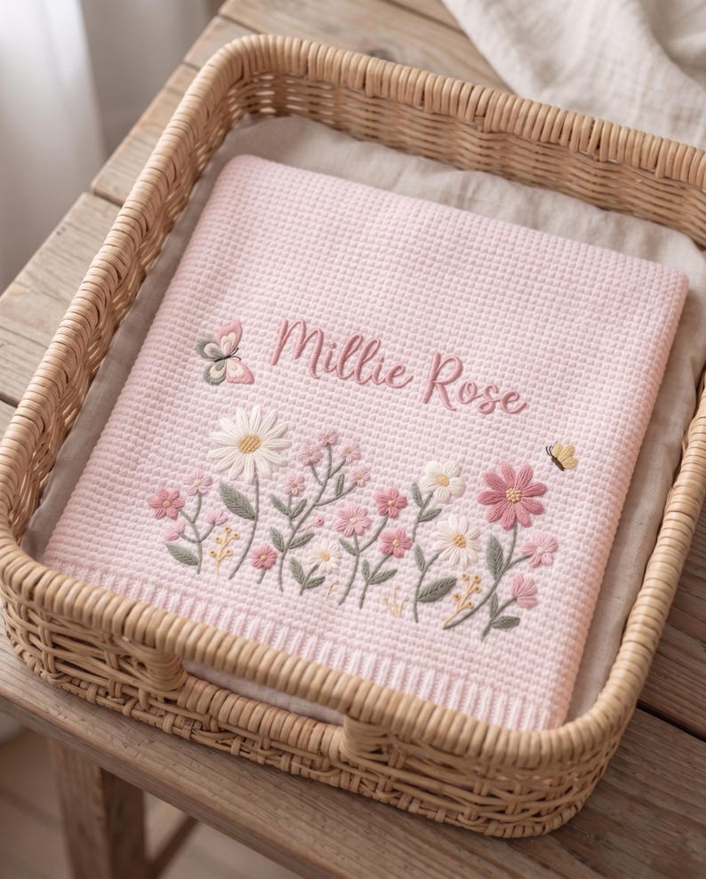 May include: A light pink waffle-knit blanket featuring the embroidered name Millie Rose in a cursive script. The blanket is decorated with a colorful floral garden motif including daisies, small pink flowers, a butterfly, and a tiny bee.