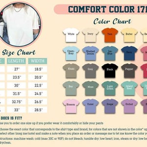 Puede incluir: Una carta de colores Comfort Color 1717 con una tabla de tallas. La carta de colores muestra varios colores de camisetas, incluyendo blanco, marfil y negro. La tabla de tallas muestra largos y anchos de camisa en cm, desde la talla S hasta la 3XL.