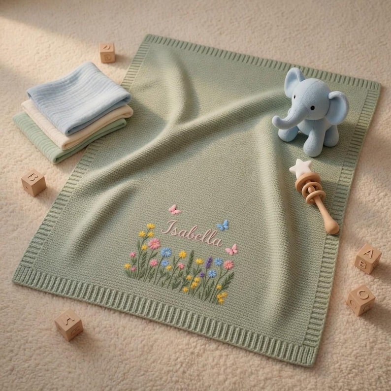 May include: A sage green baby blanket with embroidered flowers, butterflies, and the name "Isabella." The blanket is surrounded by a stack of baby cloths, a blue elephant toy, a wooden rattle, and wooden letter blocks.