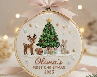 Custom Woodland Animal Baby's 1st Christmas Embroidered Ornament, Baby's First Christmas Gift, New Baby Gift, Newborn Keepsake, EOL041.C