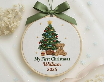 Personalized Embroidered Bear Baby First Christmas Ornament, New Baby Christmas Tree Ornament, New Parent Gift, Baby Boy Gift, EOL135.C
