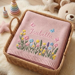 Custom Embroidered Name Blanket with Butterflies and Wildflowers for Newborn, Welcome Baby Blanket, Nursery Keepsake, Newborn Gift For Baby image 3