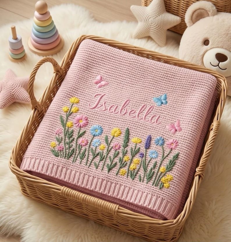 Custom Embroidered Name Blanket with Butterflies and Wildflowers for Newborn, Welcome Baby Blanket, Nursery Keepsake, Newborn Gift For Baby image 3