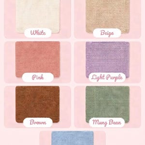 May include: A color chart titled Blanket Color displaying seven square fabric swatches with textured surfaces. The colors are labeled White, Beige, Pink, Light Purple, Brown, Mung Bean, and Light Blue, each presented in individual rounded rectangles.