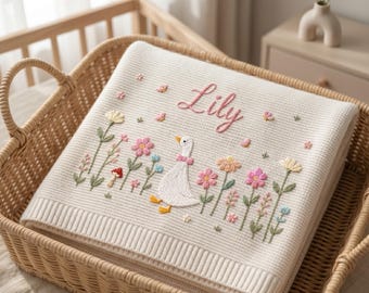 Personalized Embroidered Goose Baby Blanket with Name - Custom Floral Knit Newborn Gift for Newborn, Gift for Baby, Baby Keepsake Gift