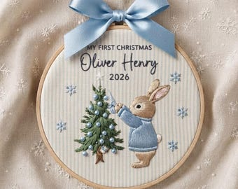 Personalized Peter Rabbit Ornament, Embroidered Rabbit Baby First Christmas Name Hoop, Baby 1st Christmas Ornament, Baby Shower Gift