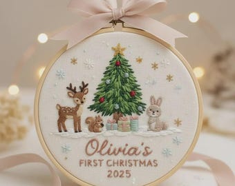 Custom Woodland Animal Baby's 1st Christmas Embroidered Ornament, Baby's First Christmas Gift, New Baby Gift, Newborn Keepsake, EOL041.C