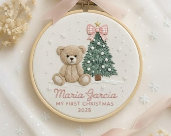 Personalized Bear Baby First Christmas Embroidered Ornament, New Baby Christmas Tree Ornament, New Parent Gift, Baby Girl Gift, EOL148.C