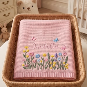 Custom Embroidered Name Blanket with Butterflies and Wildflowers for Newborn, Welcome Baby Blanket, Nursery Keepsake, Newborn Gift For Baby image 7