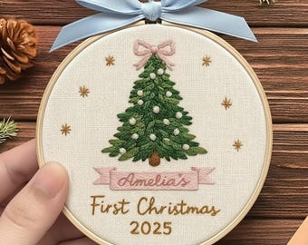Custom Embroidered Baby First Christmas Ornament, New Baby Christmas Ornament, New Parent Gift, Baby Name Keepsake, Baby Girl Gift, EOL142.C