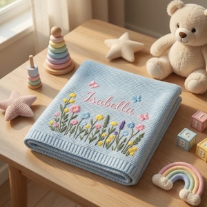 Custom Embroidered Name Blanket with Butterflies and Wildflowers for Newborn, Welcome Baby Blanket, Nursery Keepsake, Newborn Gift For Baby image 6