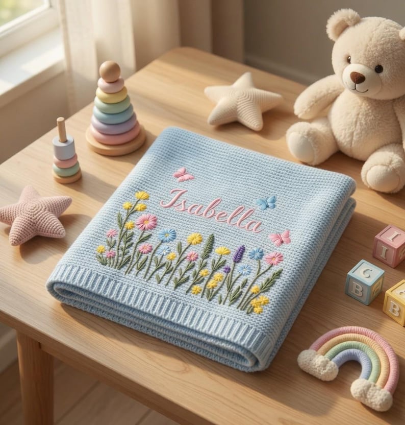 Custom Embroidered Name Blanket with Butterflies and Wildflowers for Newborn, Welcome Baby Blanket, Nursery Keepsake, Newborn Gift For Baby image 6