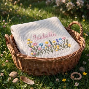 Custom Embroidered Name Blanket with Butterflies and Wildflowers for Newborn, Welcome Baby Blanket, Nursery Keepsake, Newborn Gift For Baby image 5