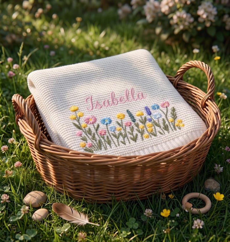 Custom Embroidered Name Blanket with Butterflies and Wildflowers for Newborn, Welcome Baby Blanket, Nursery Keepsake, Newborn Gift For Baby image 5