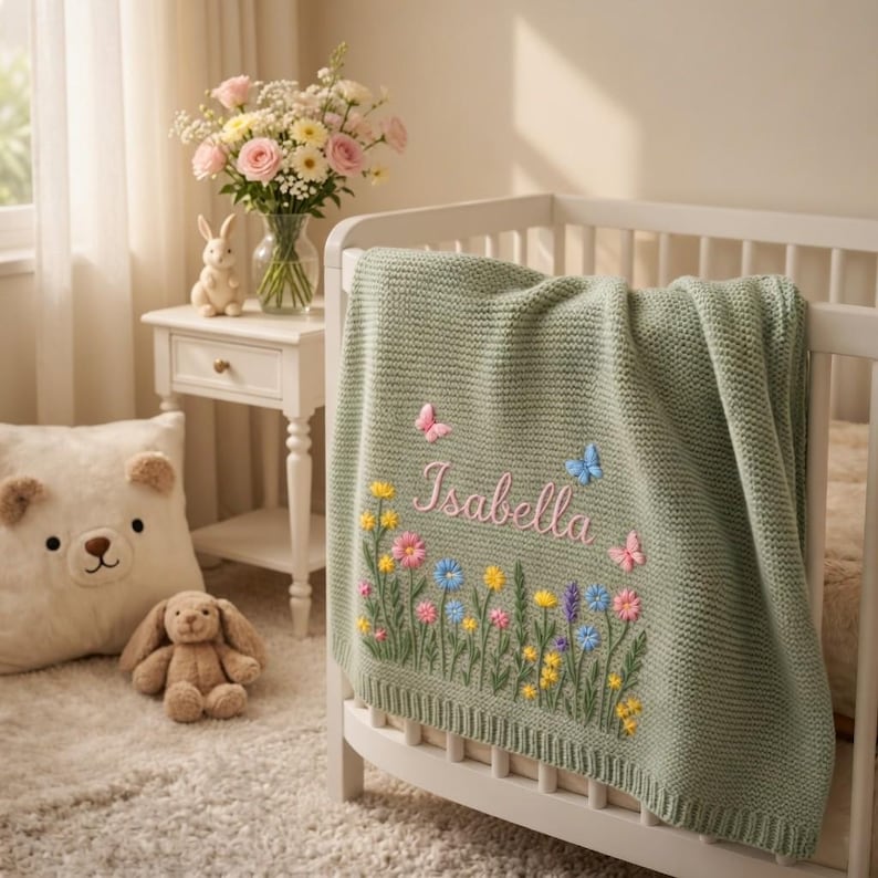 May include: A sage green knitted baby blanket with the name "Isabella" embroidered in pink script. The blanket features colorful embroidered flowers and butterflies. The blanket is draped over a white crib.