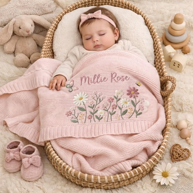 May include: A soft pink knitted baby blanket featuring embroidered wildflowers and a butterfly, with the name Millie Rose stitched in the center. The blanket is draped over a sleeping infant wearing a matching pink headband in a woven basket.
