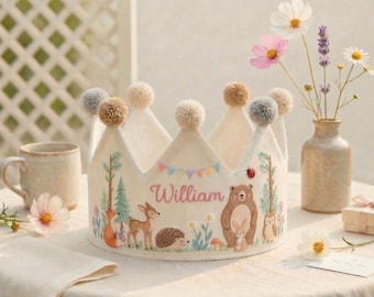 Waldtiere Krone bestickt, Babykrone bestickt, Gestickte Krone, Leinen Geburtstagskrone, Personalisierte Namenskrone, erster Geburtstagskrone