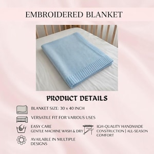 May include: A light blue knitted blanket with a ribbed border, measuring 30 x 40 inches. The text EMBROIDERED BLANKET and PRODUCT DETAILS are visible, along with icons indicating easy care, machine wash, and high-quality handmade construction.