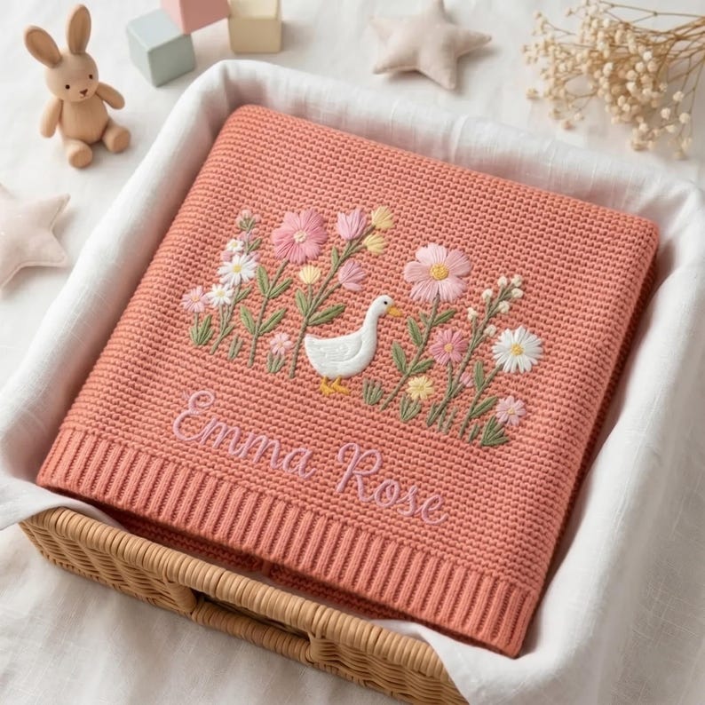 May include: A coral-colored knitted blanket featuring an embroidered design of a white goose surrounded by pink and white wildflowers. The name Emma Rose is embroidered in cursive script below the floral pattern. The blanket has a ribbed border.