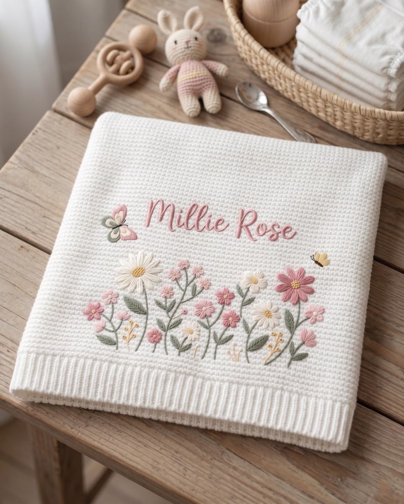 May include: A white waffle-knit baby blanket featuring embroidered floral motifs in shades of pink, white, and green. The name Millie Rose is stitched in pink script above the flowers, accompanied by a small butterfly on the left and right sides.